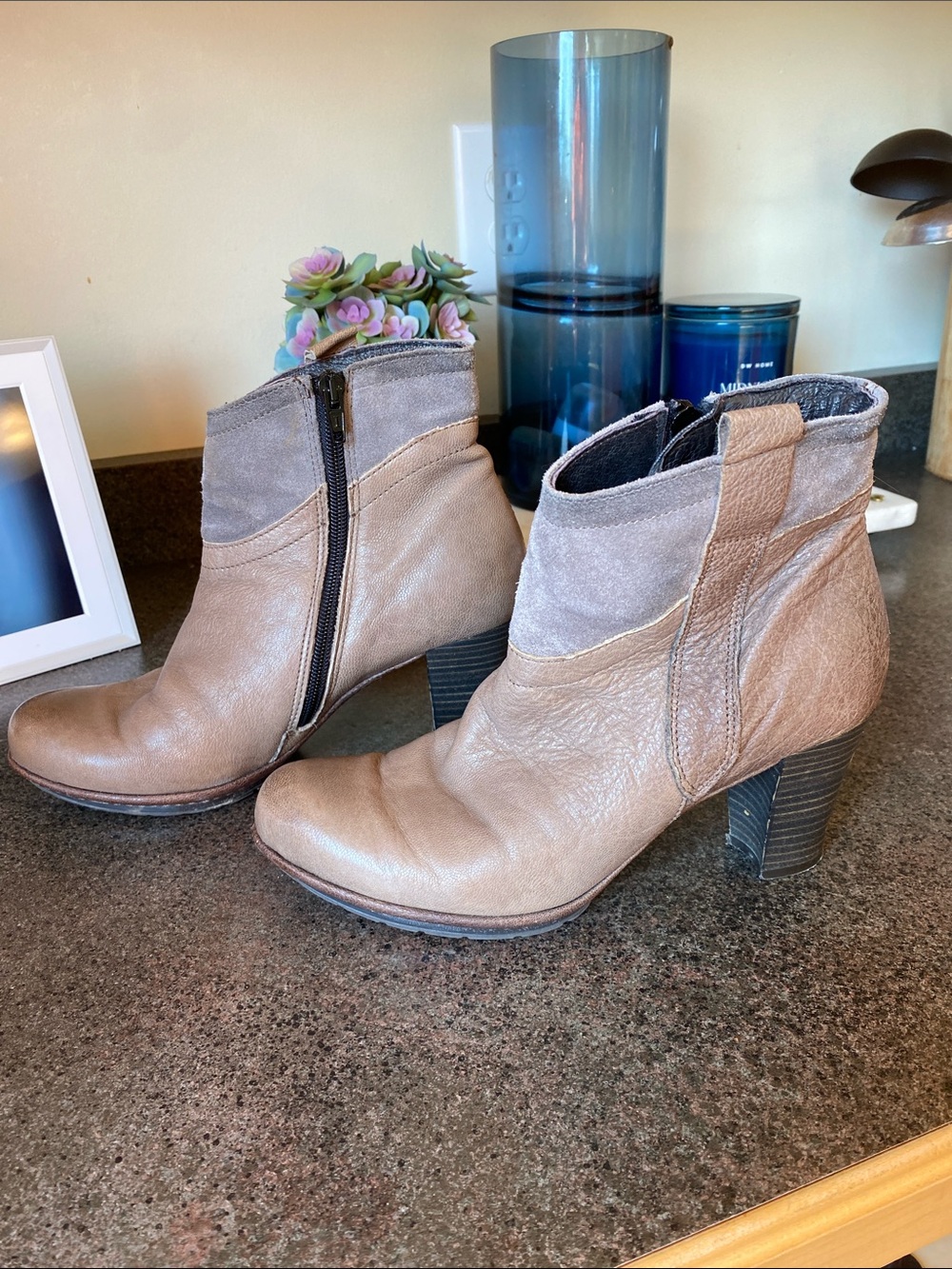 Women’s Taupe Two-Tone Ankle Boots - Casual Heeled Booties